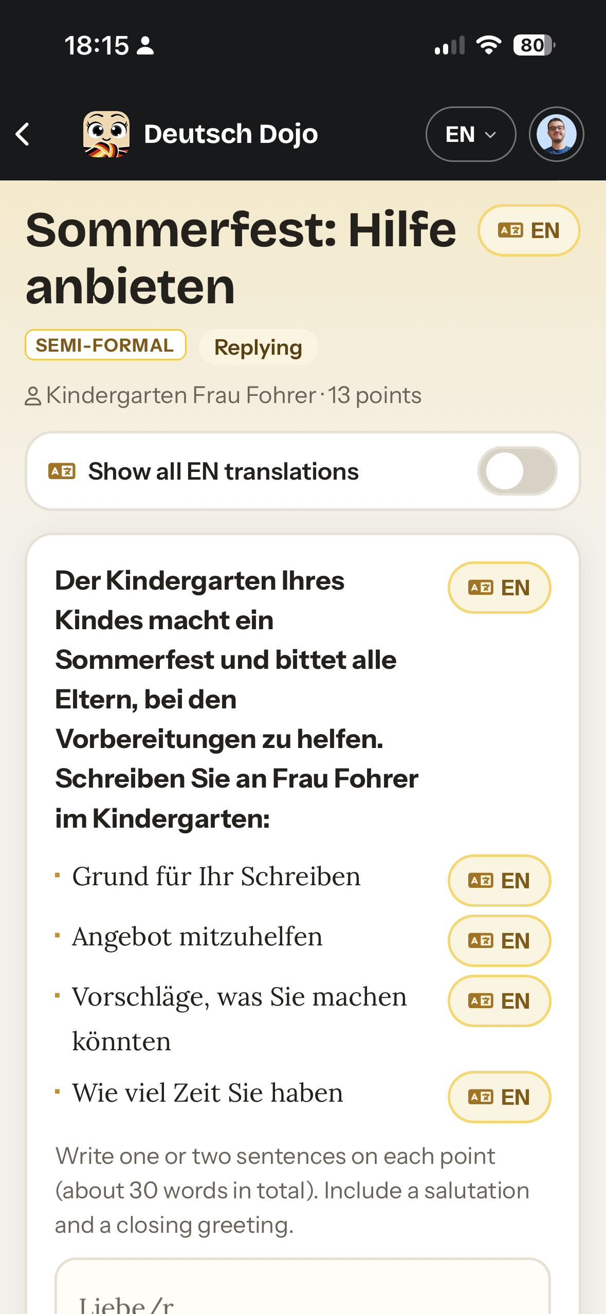 Deutsch Dojo email writing task with translation buttons