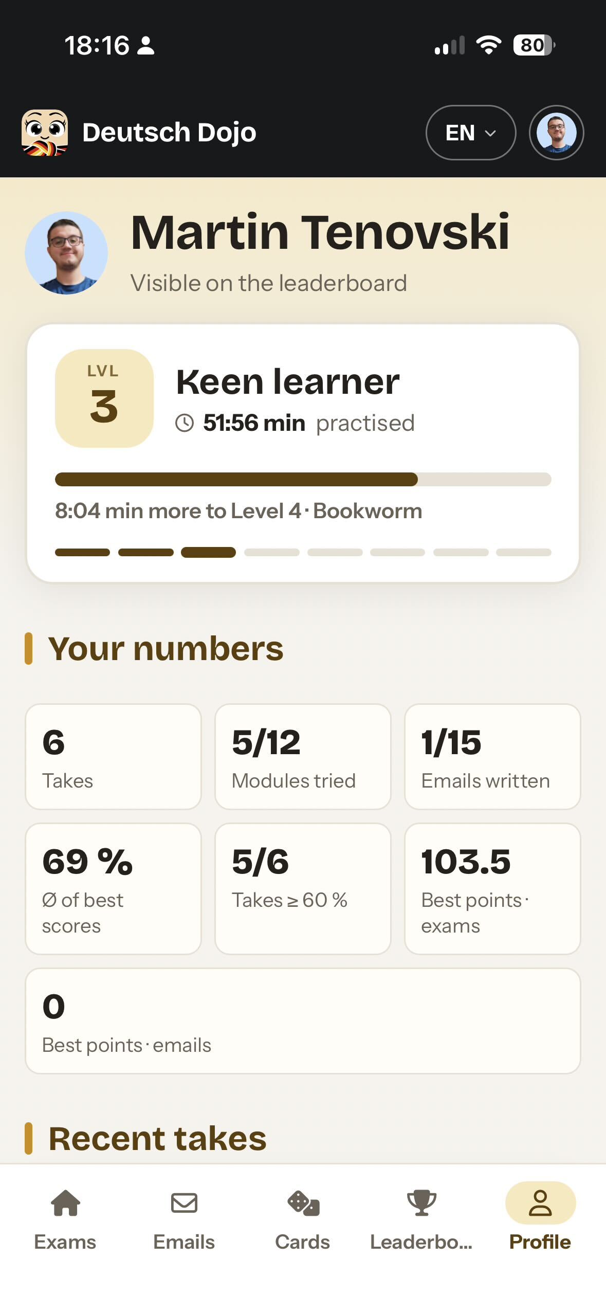 Profile screen showing level, practice time and exam statistics