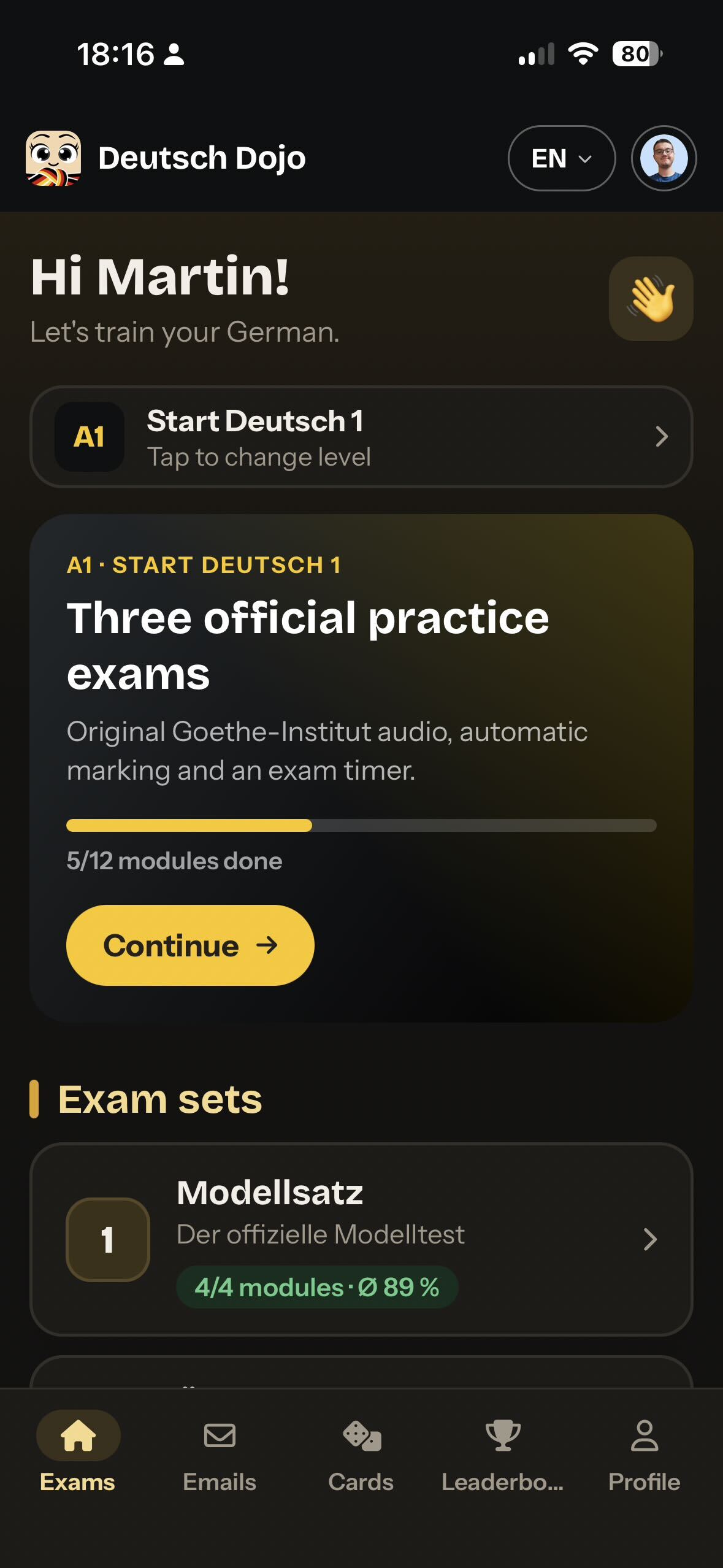 Deutsch Dojo home screen showing the A1 exam sets