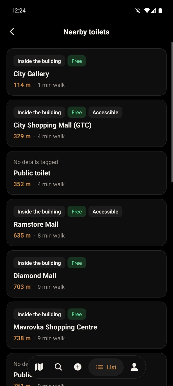 The full toilet list at night, in dark mode