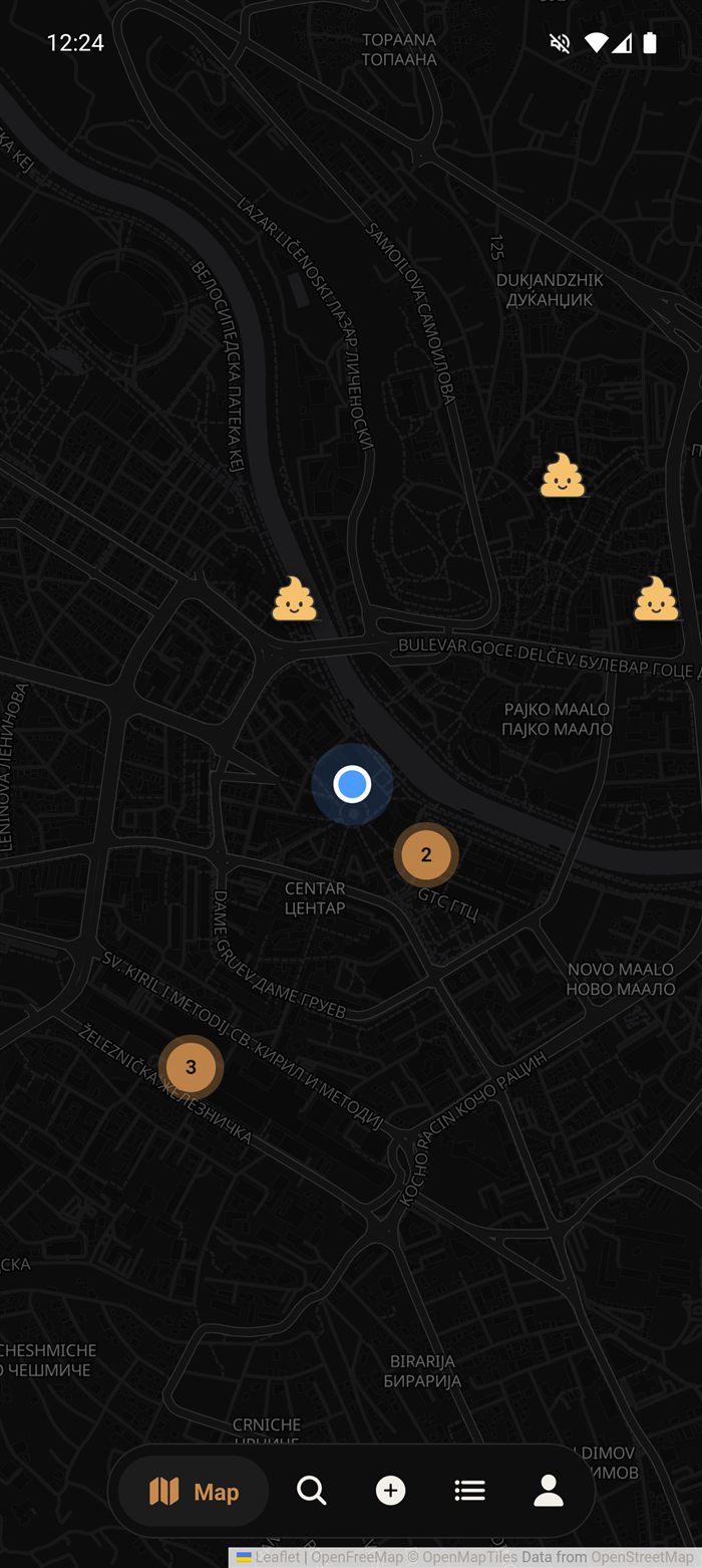 The same map in dark mode, with clustered pins as it zooms out