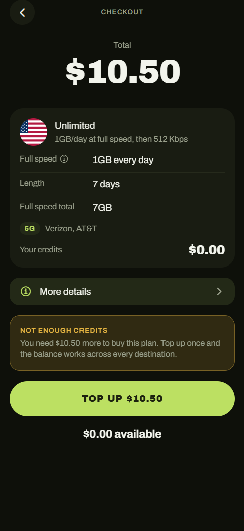 Clear Roam checkout showing plan specs, carriers and credit balance