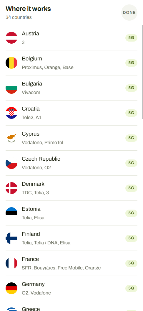 Clear Roam coverage list of countries with their carriers and 5G badges