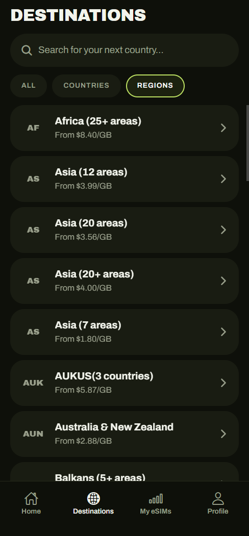 Clear Roam destinations list filtered to multi-country regions
