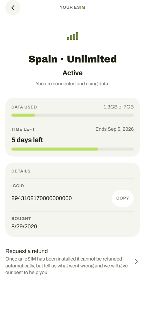 An active Clear Roam eSIM showing data used and days remaining