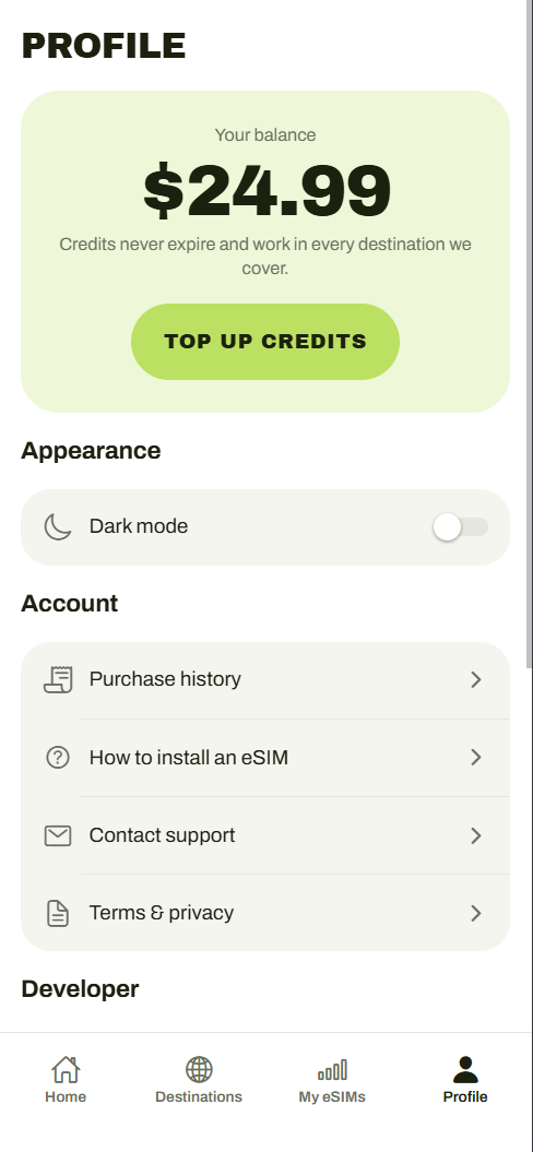 Clear Roam profile screen with credit balance and account settings