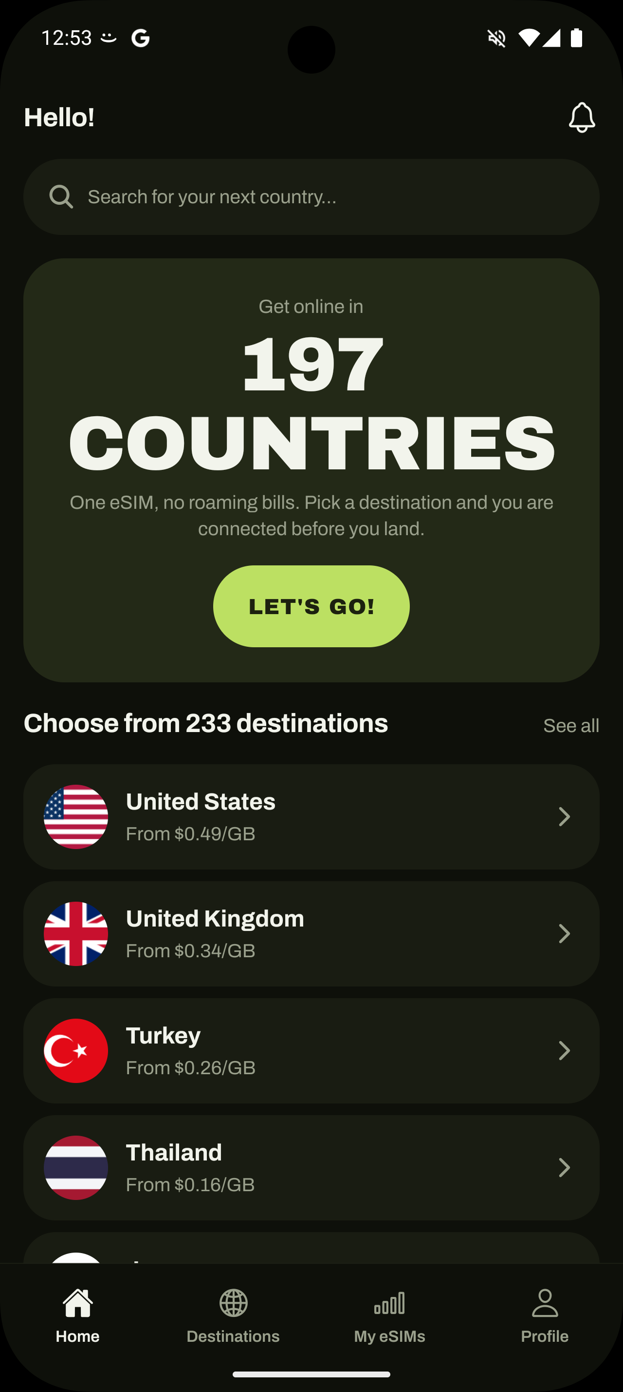 Clear Roam home screen showing destination search and country list