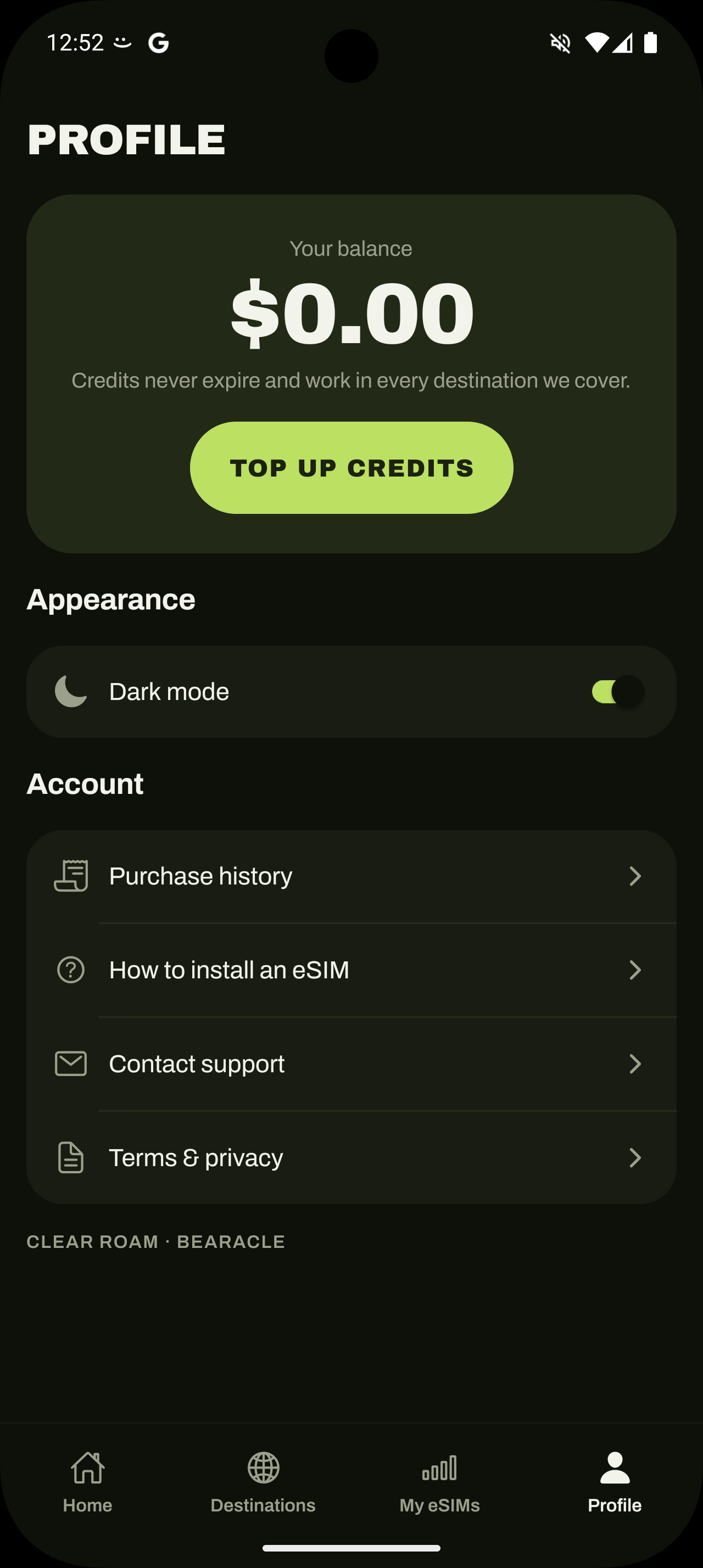 Clear Roam — profile with credit balance and account settings