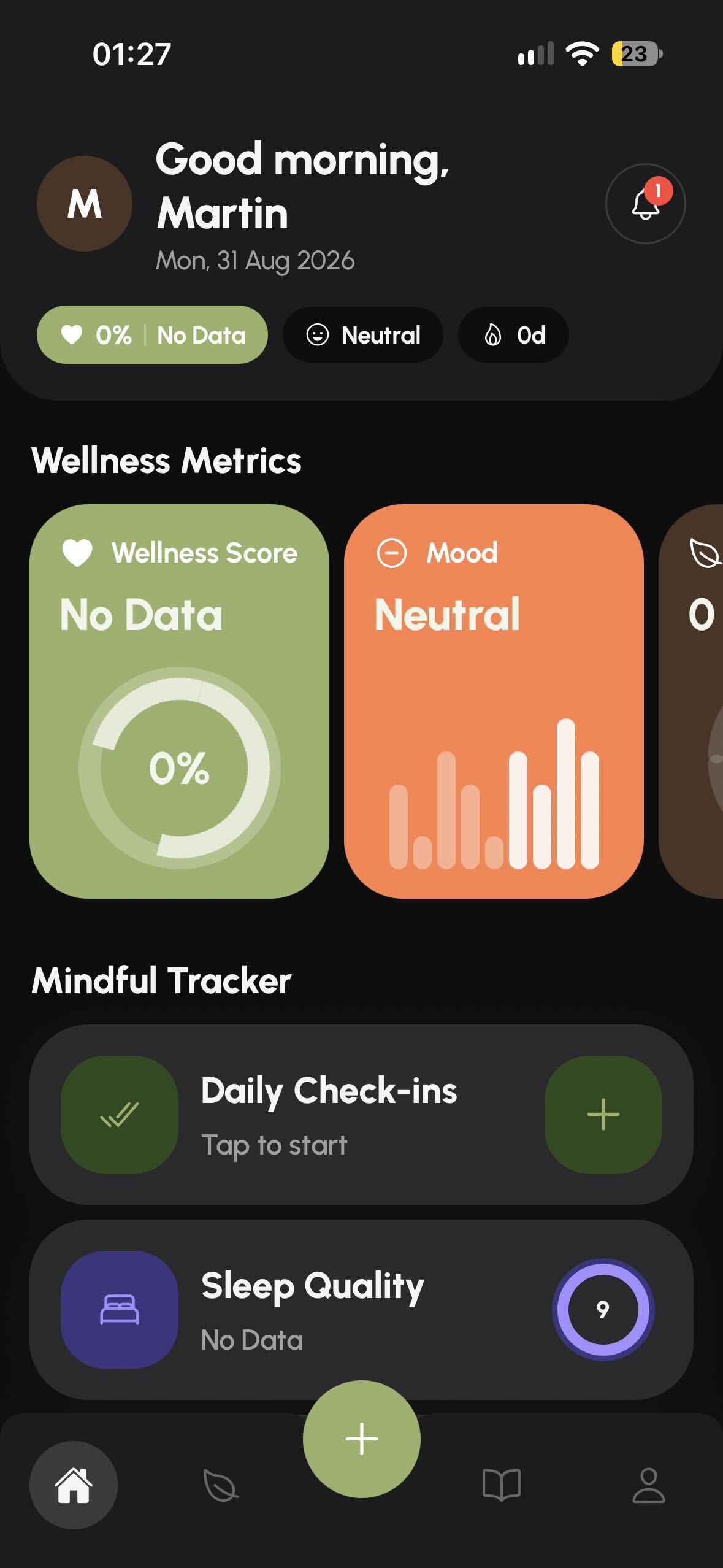 The Vibeshift home and check-in screens