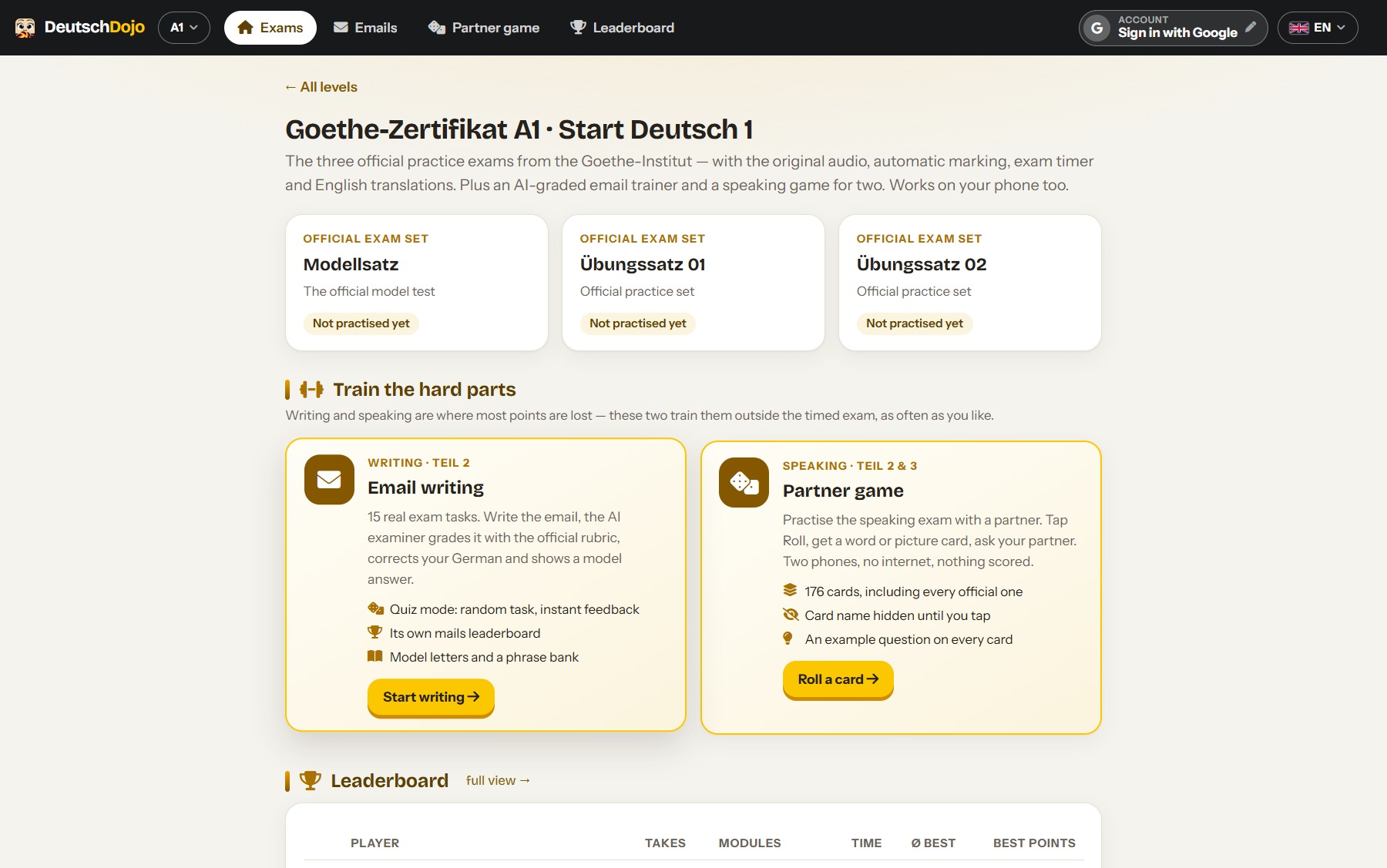 Deutsch Dojo web trainer showing the A1 exam sets and training modules